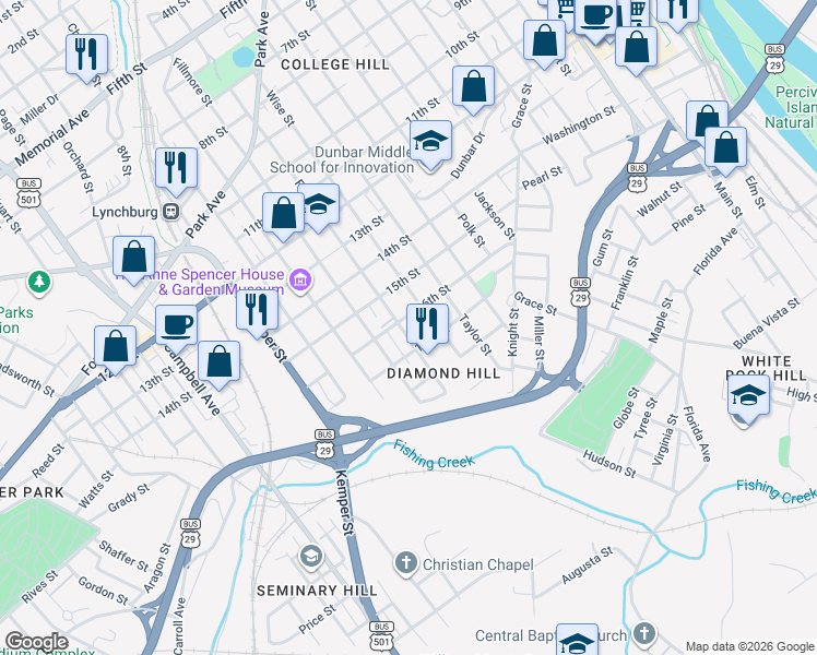 map of restaurants, bars, coffee shops, grocery stores, and more near 1620 Floyd Street in Lynchburg