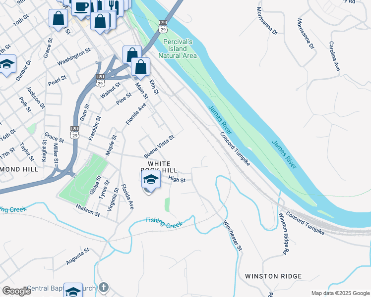map of restaurants, bars, coffee shops, grocery stores, and more near 2524 Davis Street in Lynchburg