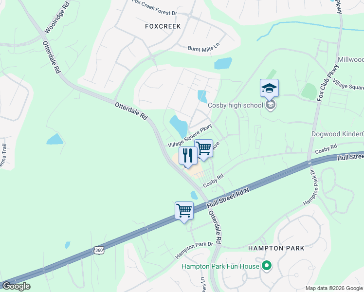 map of restaurants, bars, coffee shops, grocery stores, and more near 15560 Cosby Village Avenue in Chesterfield