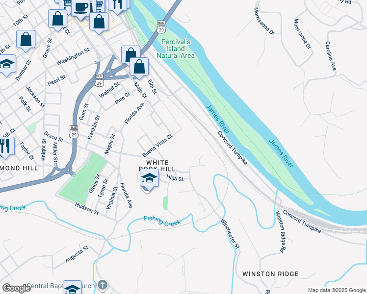map of restaurants, bars, coffee shops, grocery stores, and more near 2524 Davis Street in Lynchburg