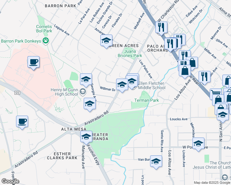 map of restaurants, bars, coffee shops, grocery stores, and more near 680 Arastradero Road in Palo Alto
