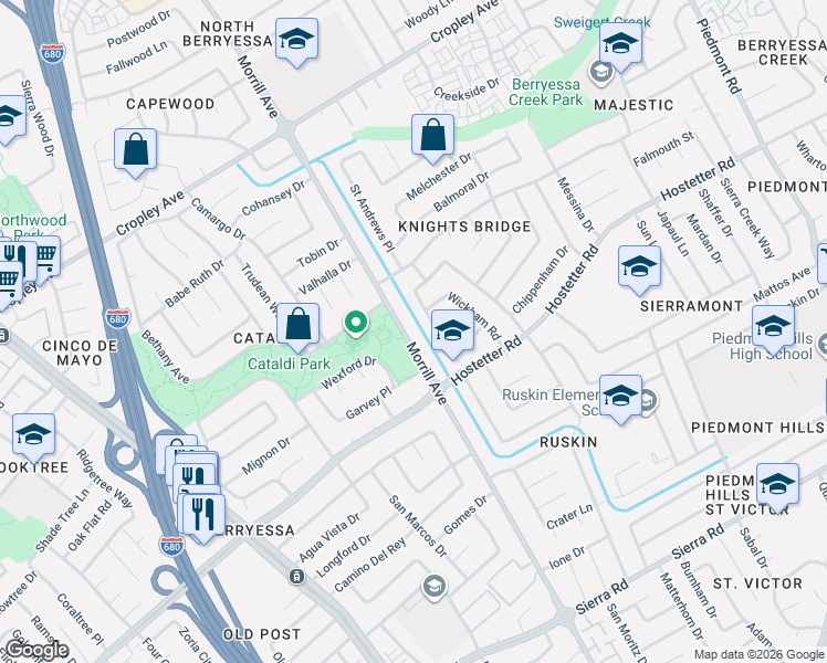 map of restaurants, bars, coffee shops, grocery stores, and more near 2900 Cataldi Drive in San Jose