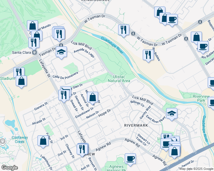 map of restaurants, bars, coffee shops, grocery stores, and more near 1553 Vista Club Circle in Santa Clara