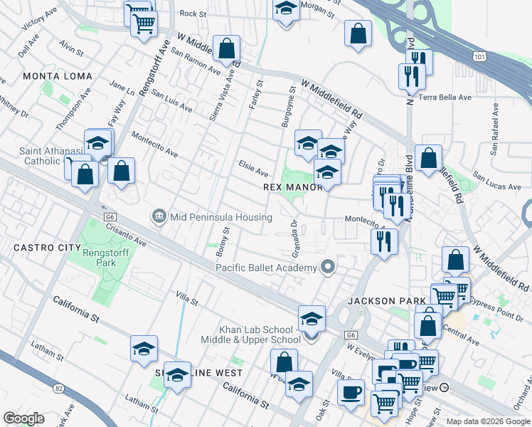 map of restaurants, bars, coffee shops, grocery stores, and more near 409 Burgoyne Street in Mountain View
