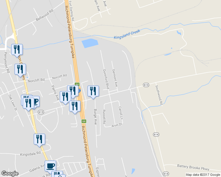 map of restaurants, bars, coffee shops, grocery stores, and more near 9131 Quinnford Boulevard in Richmond