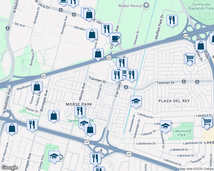 map of restaurants, bars, coffee shops, grocery stores, and more near 1126 Le Mans Terrace in Sunnyvale