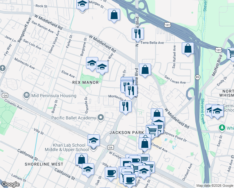 map of restaurants, bars, coffee shops, grocery stores, and more near 1296 Montecito Avenue in Mountain View
