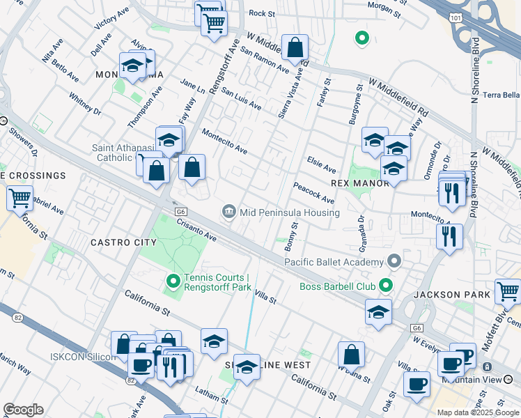 map of restaurants, bars, coffee shops, grocery stores, and more near 1909 Hackett Avenue in Mountain View