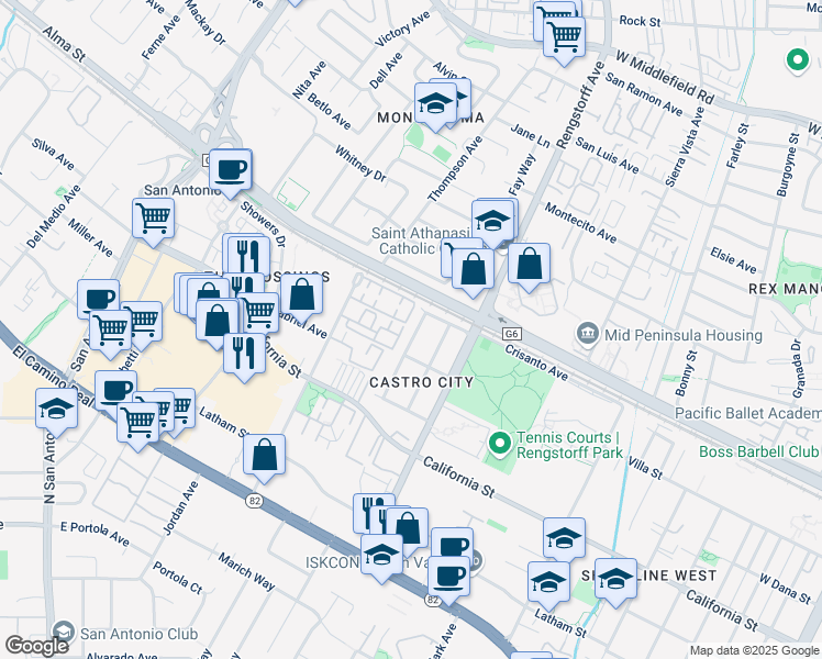 map of restaurants, bars, coffee shops, grocery stores, and more near 167 College Avenue in Mountain View