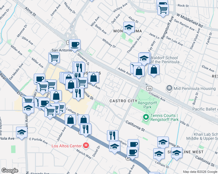 map of restaurants, bars, coffee shops, grocery stores, and more near 130 Lariat Way in Mountain View