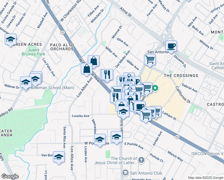 map of restaurants, bars, coffee shops, grocery stores, and more near 2630 West El Camino Real in Mountain View