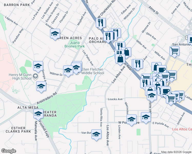 map of restaurants, bars, coffee shops, grocery stores, and more near 663 Glenbrook Drive in Palo Alto