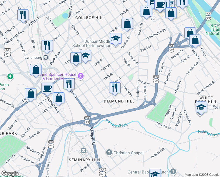 map of restaurants, bars, coffee shops, grocery stores, and more near 1620 Floyd Street in Lynchburg