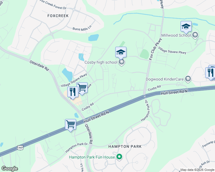 map of restaurants, bars, coffee shops, grocery stores, and more near 15700 Cosby Road in Chesterfield