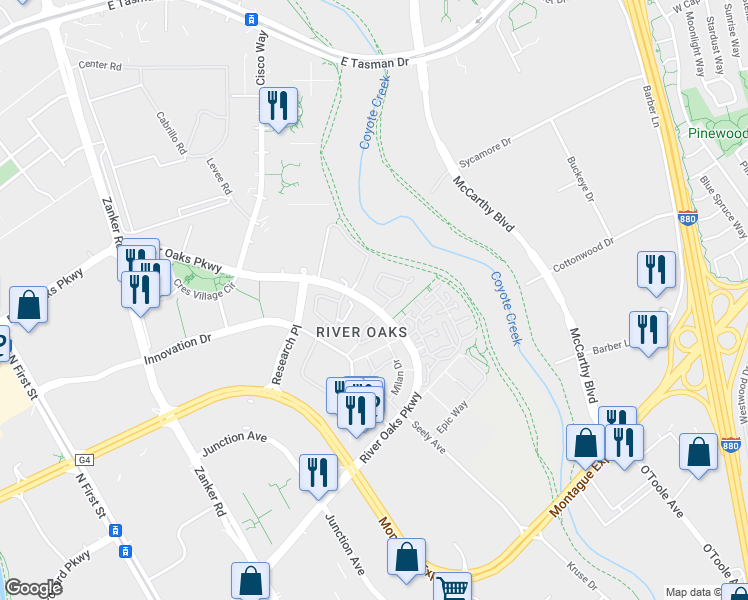 map of restaurants, bars, coffee shops, grocery stores, and more near in San Jose