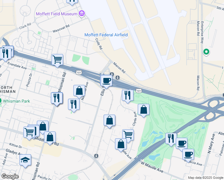 map of restaurants, bars, coffee shops, grocery stores, and more near 625 Ellis Street in Mountain View