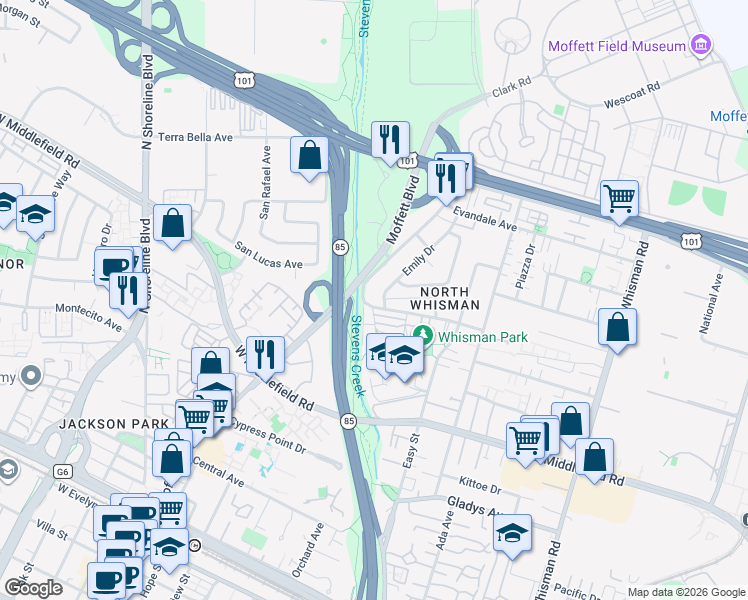 map of restaurants, bars, coffee shops, grocery stores, and more near 610 Walker Drive in Mountain View