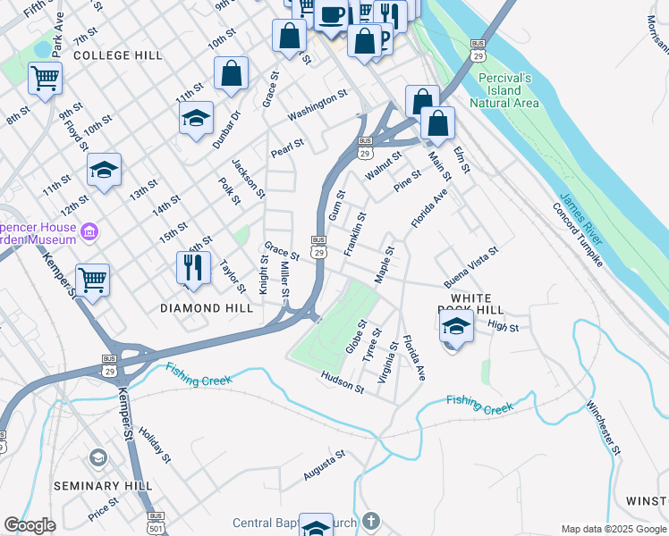 map of restaurants, bars, coffee shops, grocery stores, and more near 1929 Grace Street in Lynchburg