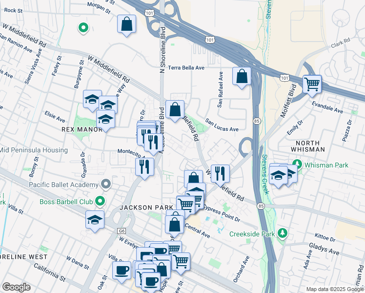 map of restaurants, bars, coffee shops, grocery stores, and more near 777 West Middlefield Road in Mountain View