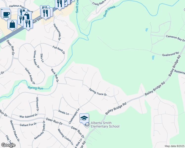map of restaurants, bars, coffee shops, grocery stores, and more near 6924 Holly Bark Drive in Midlothian