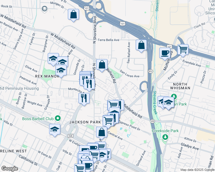 map of restaurants, bars, coffee shops, grocery stores, and more near 777 West Middlefield Road in Mountain View