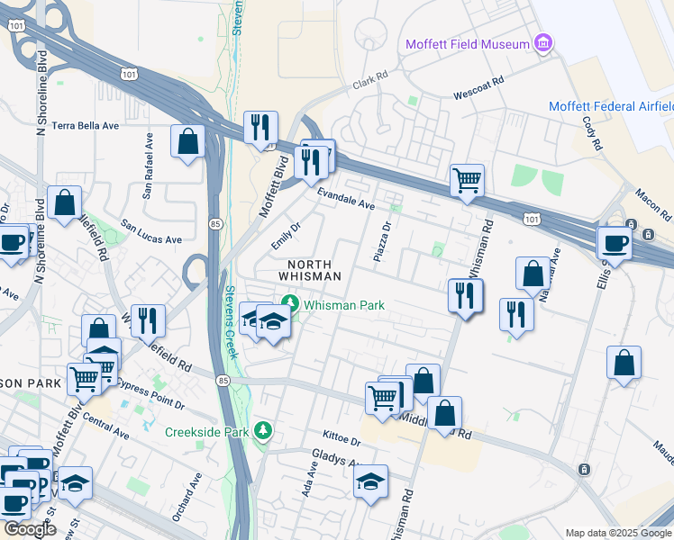 map of restaurants, bars, coffee shops, grocery stores, and more near 515 Easy Street in Mountain View