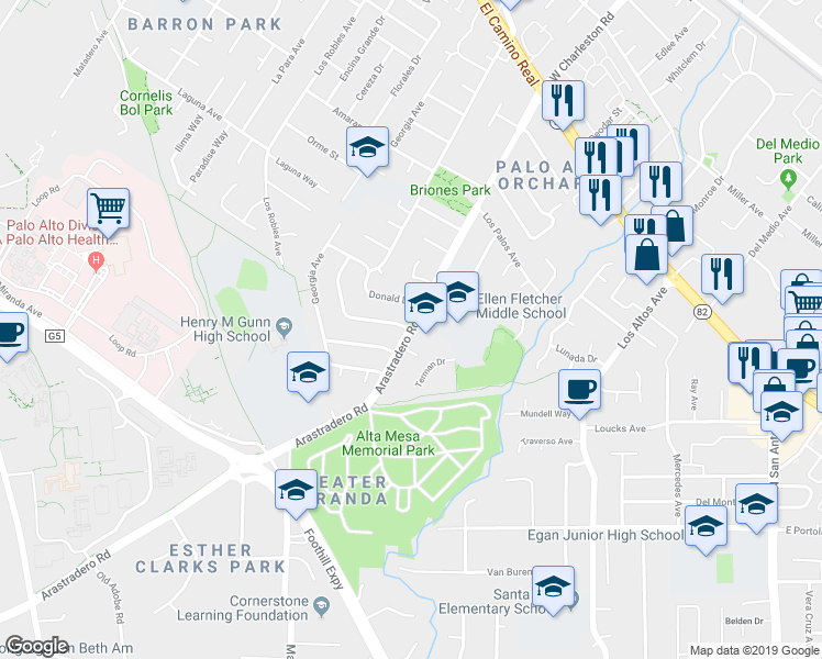 map of restaurants, bars, coffee shops, grocery stores, and more near Arastradero Rd & Willmar Dr in Palo Alto