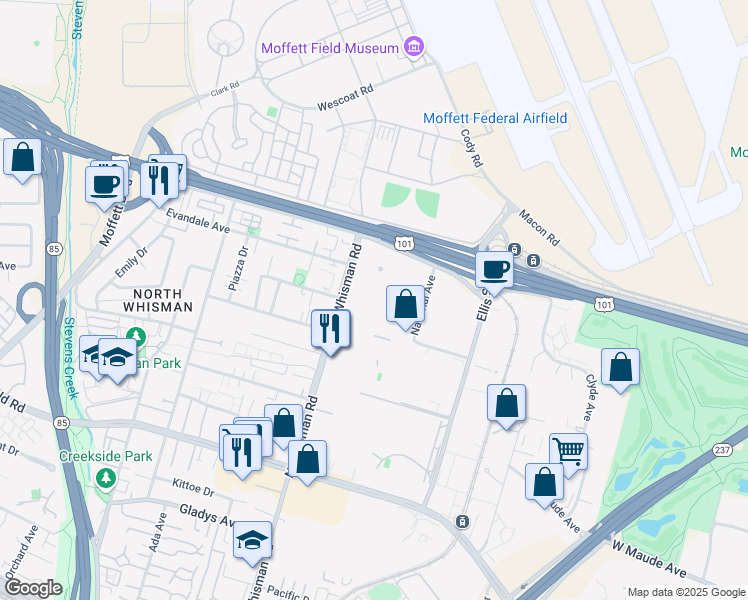 map of restaurants, bars, coffee shops, grocery stores, and more near 515 North Whisman Road in Mountain View