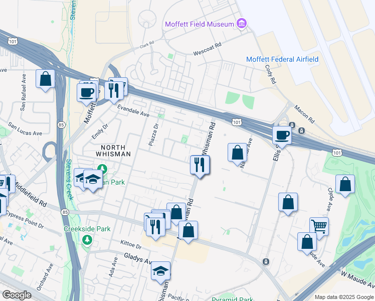 map of restaurants, bars, coffee shops, grocery stores, and more near 226 Murlagan Avenue in Mountain View