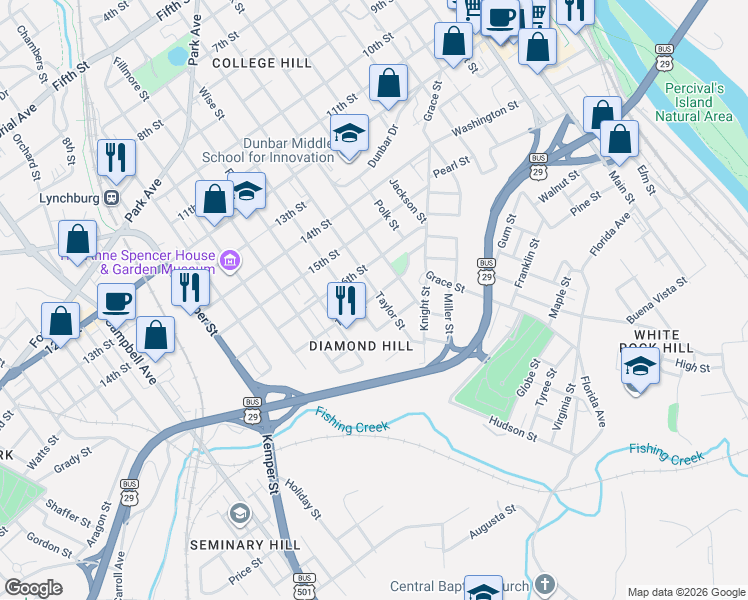 map of restaurants, bars, coffee shops, grocery stores, and more near 1714 Spencer Place in Lynchburg