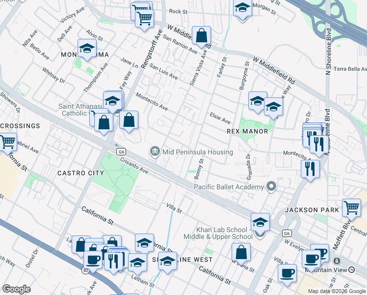 map of restaurants, bars, coffee shops, grocery stores, and more near 1909 Hackett Avenue in Mountain View