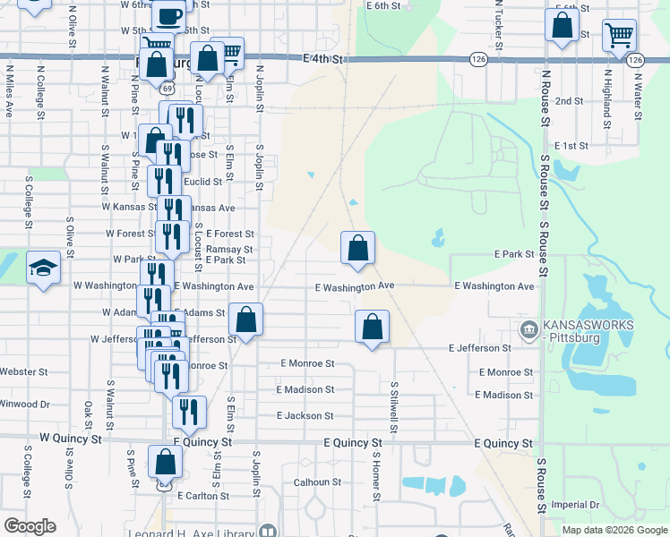 map of restaurants, bars, coffee shops, grocery stores, and more near 519 East Washington Street in Pittsburg