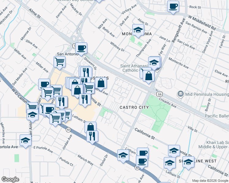 map of restaurants, bars, coffee shops, grocery stores, and more near 2287 Mora Place in Mountain View