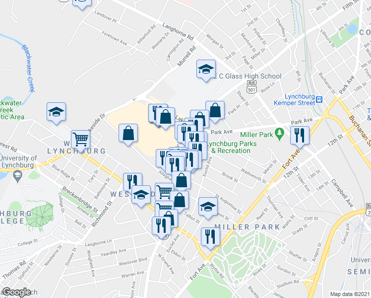 map of restaurants, bars, coffee shops, grocery stores, and more near 656 Wilton Avenue in Lynchburg