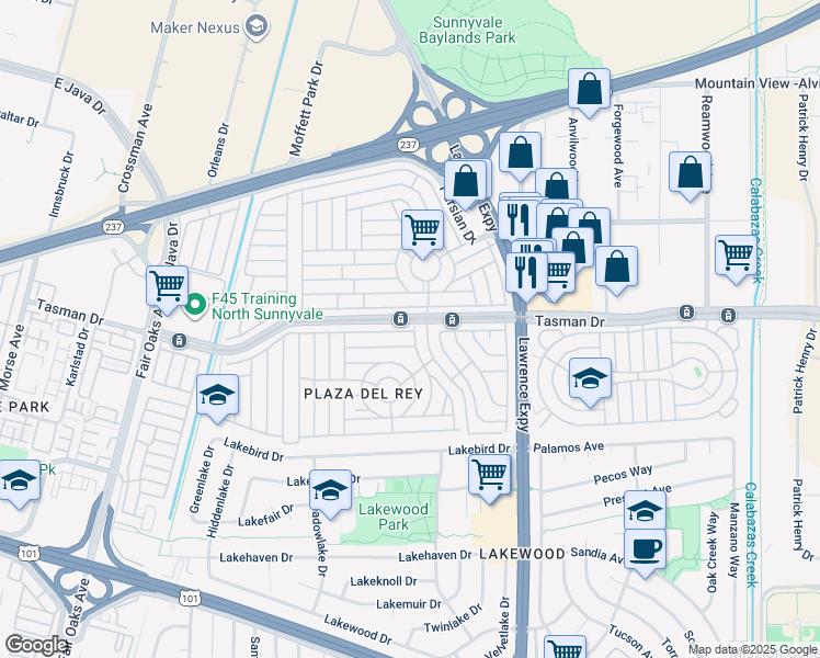 map of restaurants, bars, coffee shops, grocery stores, and more near 1225 Vienna Drive in Sunnyvale