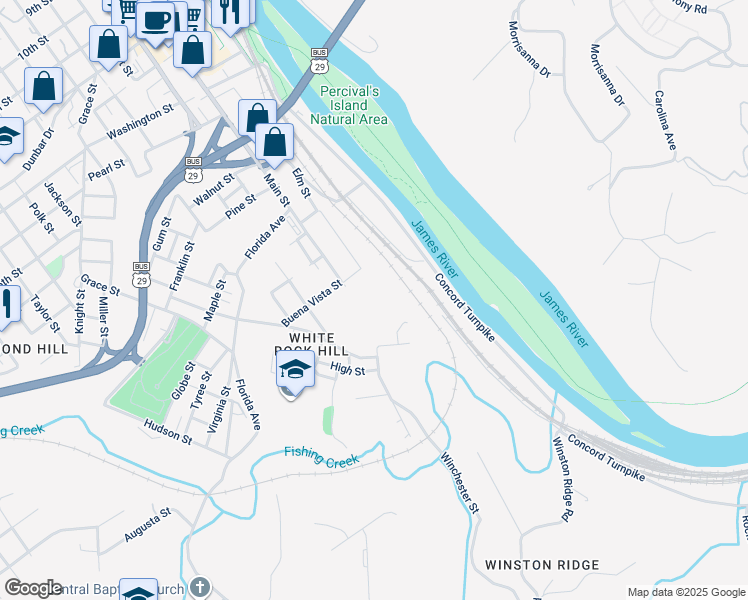 map of restaurants, bars, coffee shops, grocery stores, and more near 2536 Davis Street in Lynchburg
