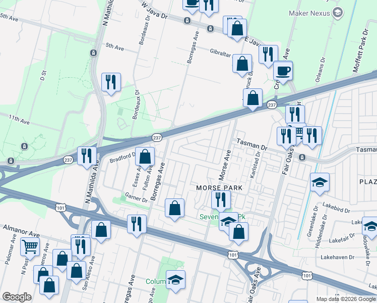 map of restaurants, bars, coffee shops, grocery stores, and more near 1111 Morse Avenue in Sunnyvale