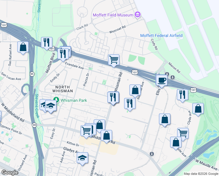 map of restaurants, bars, coffee shops, grocery stores, and more near 83 Devonshire Avenue in Mountain View