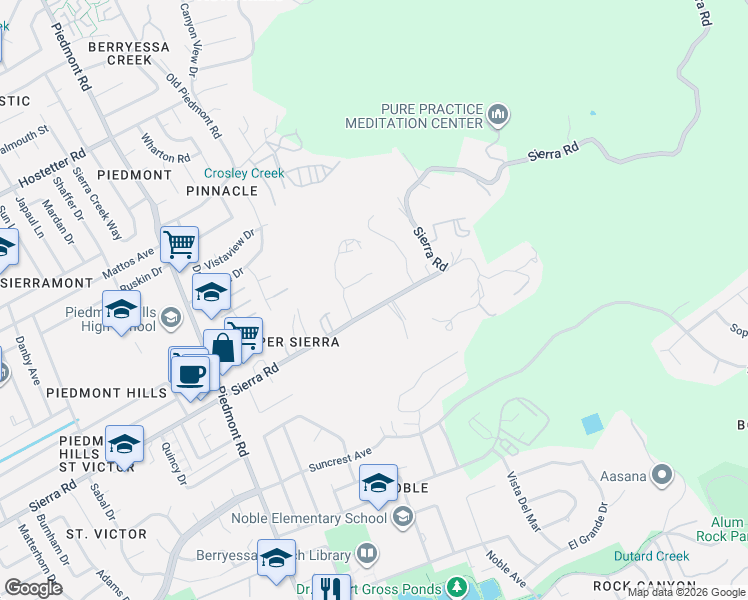 map of restaurants, bars, coffee shops, grocery stores, and more near 3440 Sierra Road in San Jose