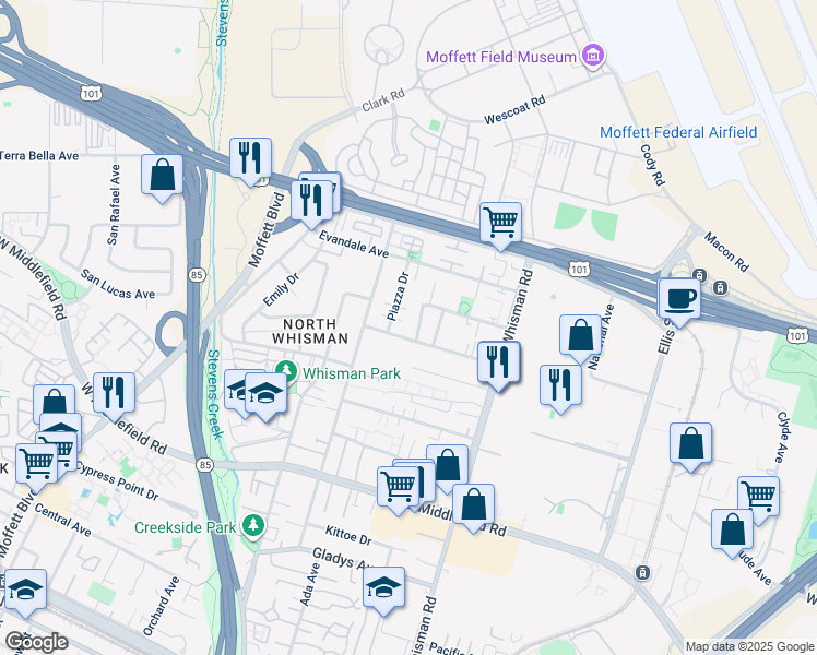 map of restaurants, bars, coffee shops, grocery stores, and more near 103 Murlagan Avenue in Mountain View