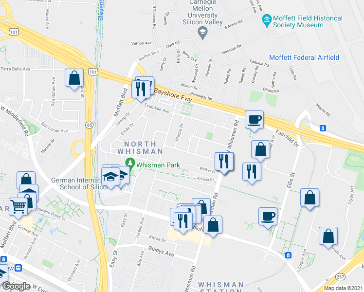 map of restaurants, bars, coffee shops, grocery stores, and more near 103 Murlagan Avenue in Mountain View