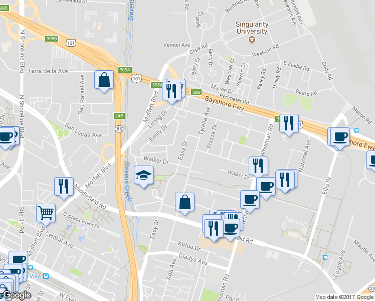 map of restaurants, bars, coffee shops, grocery stores, and more near 507 Easy Street in Mountain View