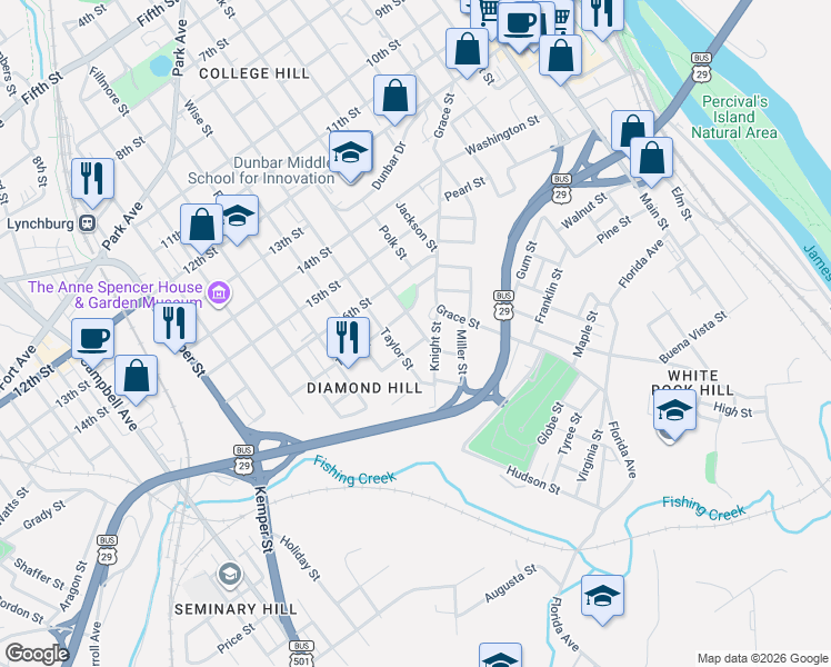 map of restaurants, bars, coffee shops, grocery stores, and more near 1806 Taylor Street in Lynchburg