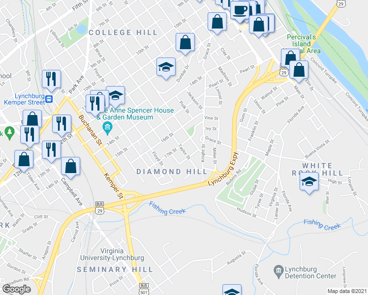 map of restaurants, bars, coffee shops, grocery stores, and more near 1714 Spencer Place in Lynchburg