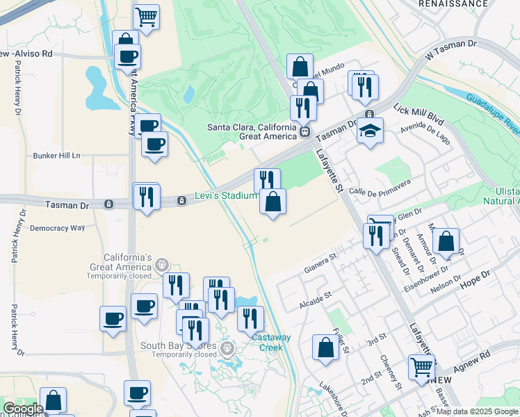 map of restaurants, bars, coffee shops, grocery stores, and more near 4900 Marie P DeBartolo Way in Santa Clara