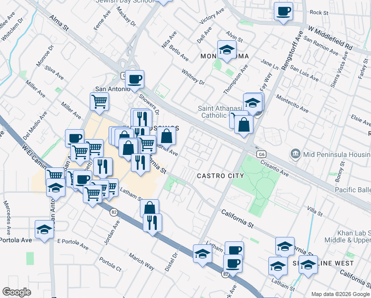 map of restaurants, bars, coffee shops, grocery stores, and more near 105 Ortega Avenue in Mountain View