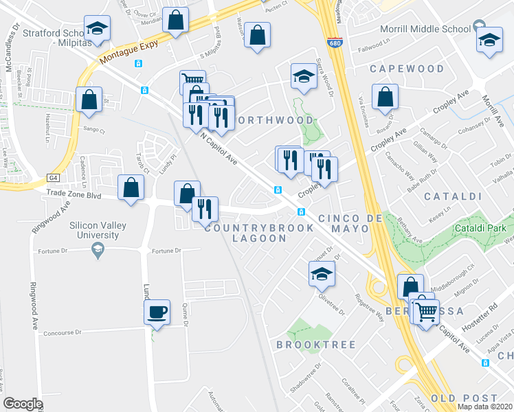 map of restaurants, bars, coffee shops, grocery stores, and more near 2575 Alveswood Circle in San Jose