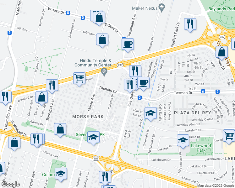 map of restaurants, bars, coffee shops, grocery stores, and more near 557 Montego Terrace in Sunnyvale