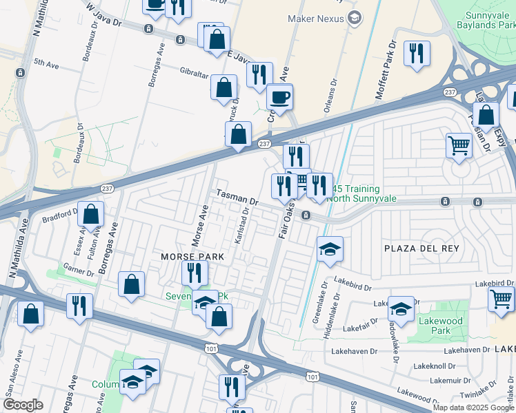 map of restaurants, bars, coffee shops, grocery stores, and more near 557 Montego Terrace in Sunnyvale