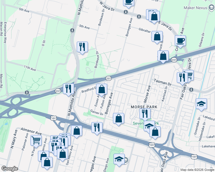 map of restaurants, bars, coffee shops, grocery stores, and more near 1121 Giannitsa Terrace in Sunnyvale